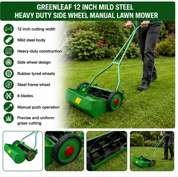Greenleaf 12 inch Mild Steel Heavy Duty Side Wheel Manual Lawn Mover (GL-LM-01) 4