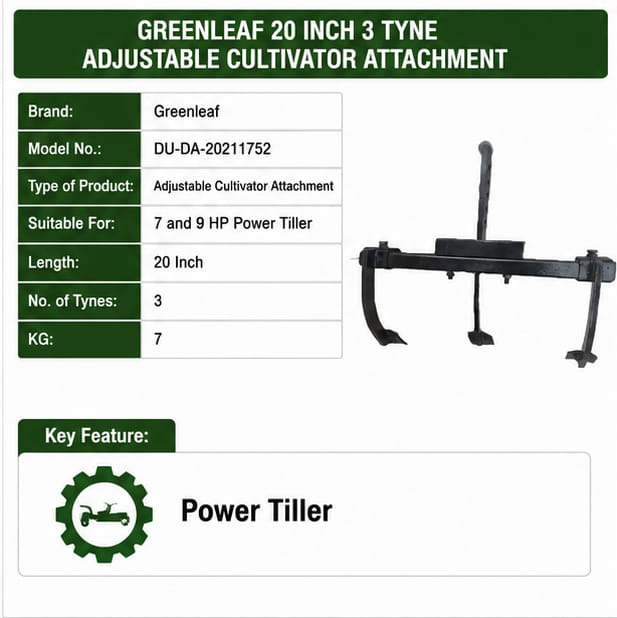 Greenleaf 20 inch 3 Tyne Adjustable Cultivator Attachment for 7 & 9HP Power Tiller (DU-DA-20211752) 3