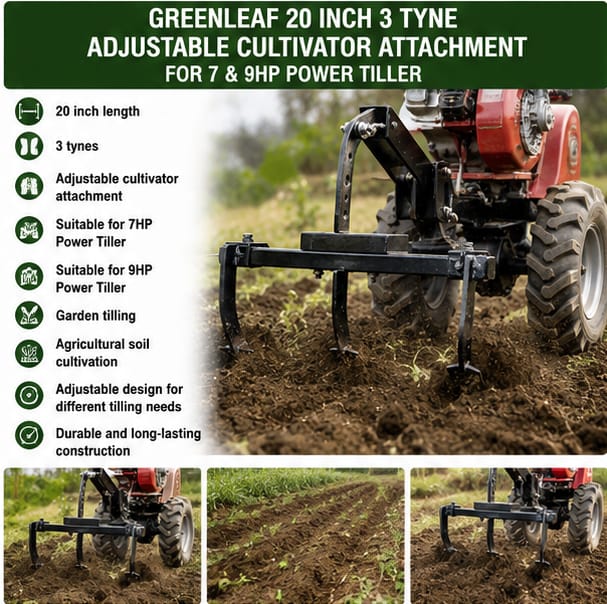 Greenleaf 20 inch 3 Tyne Adjustable Cultivator Attachment for 7 & 9HP Power Tiller (DU-DA-20211752) 4