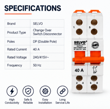 SELVO 40A Double Pole Mini Changeover Switch Disconnector 3