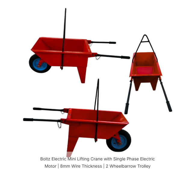 Boltz Electric Mini Lifting Crane with Single Phase Electric Motor | 8mm Wire Thickness | 2 Wheelbarrow Trolley 2