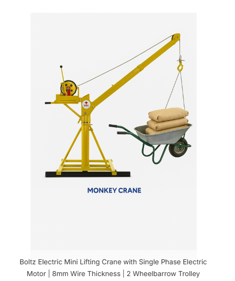Boltz Electric Mini Lifting Crane with Single Phase Electric Motor | 8mm Wire Thickness | 2 Wheelbarrow Trolley 3