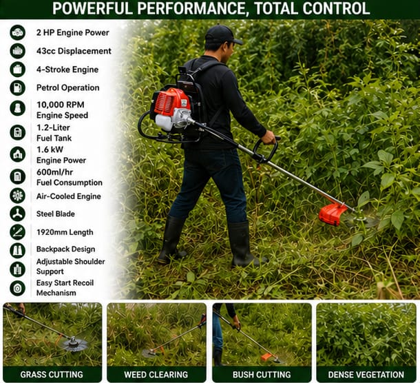 Greenleaf 2HP 43CC 4 Stroke Petrol Engine Backpack Brush Cutter with Weeder/Tiller Chainsaw (BP-GX-35TA) 4