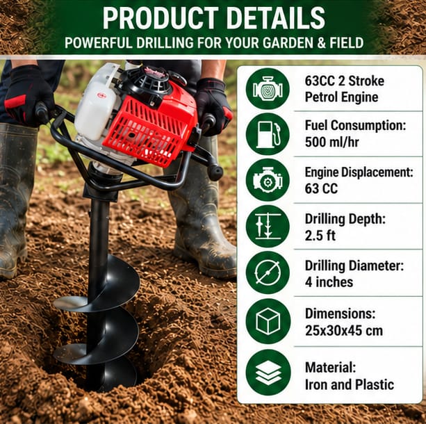 Greenleaf 52CC 2 Stroke Petrol Engine Iron & Plastic Drill Hole Earth Auger with 4 inch Drill(Greenleaf  2 Stroke Petrol Engine Iron & Plastic Drill Hole Earth Auger with 4 inch Drill) 4