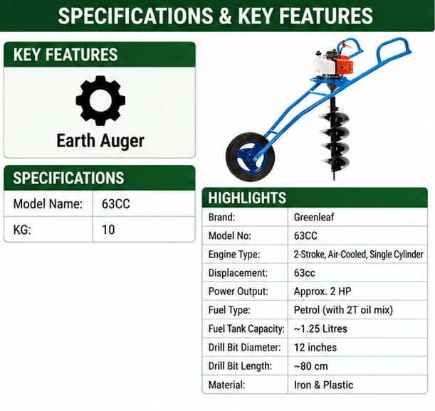 Greenleaf Trolley Type Earth Auger with Single Wheel & 12 inch Drill (63CC ) 3