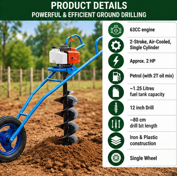 Greenleaf Trolley Type Earth Auger with Single Wheel & 12 inch Drill (63CC ) 4