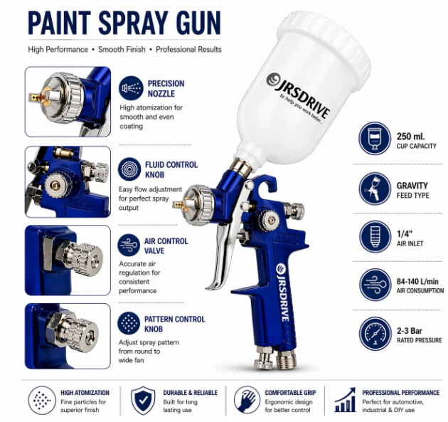 JRSDRIVE EPSG-3140 Professional Paint Spray Gun with High-Performance Gravity Feed System 2