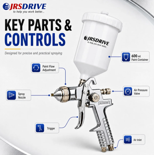 JRSDRIVE Professional Gravity Feed Spray Gun (EPSG-827A), 600ml Capacity, 3-4 Bar Operating Pressure for Automotive & Furniture 3