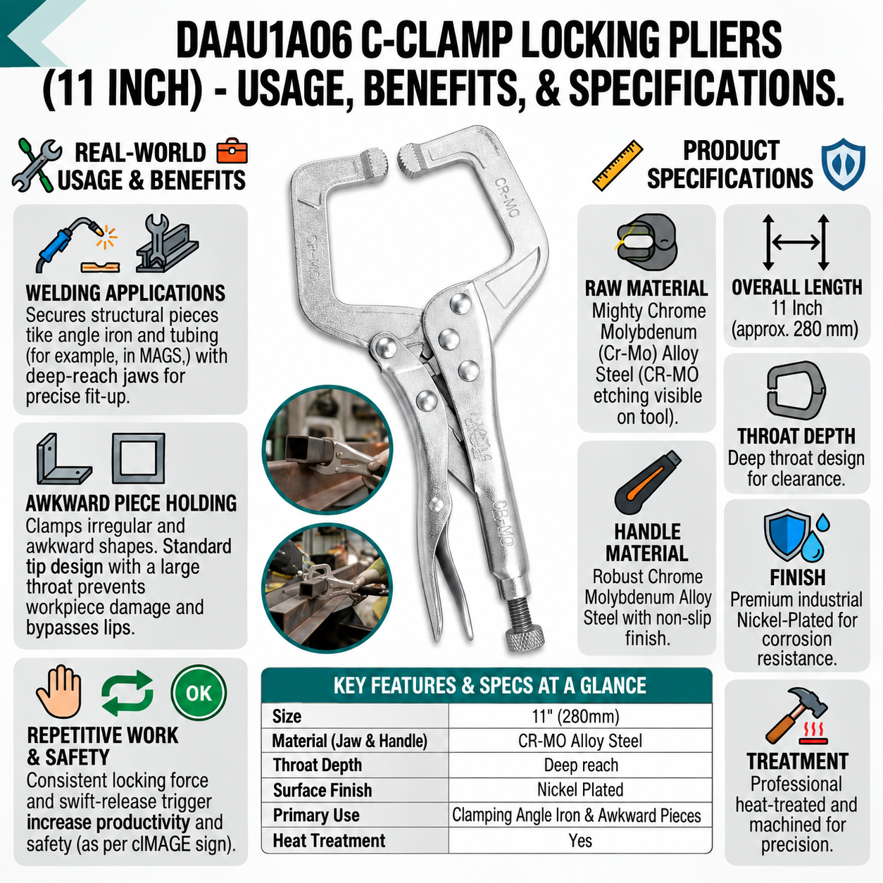 Premium Quality 6" CR-MO C-Clamp Locking Pliers, Standard Tip For Angle Iron Welding Setup, Model DAAU1A06 3