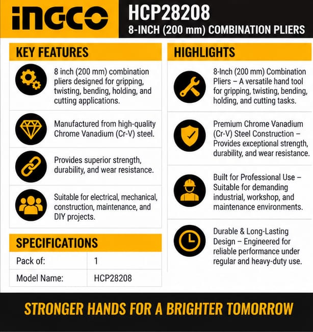 Ingco HCP28208 Combination Pliers 8 Inch (200 mm) Cr-V Steel Multi-Purpose Gripping and Cutting Tool 3