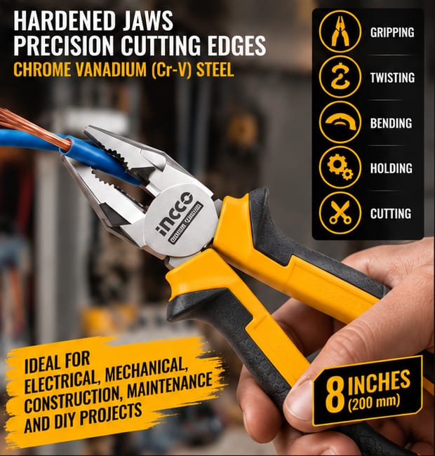 Ingco HCP28208 Combination Pliers 8 Inch (200 mm) Cr-V Steel Multi-Purpose Gripping and Cutting Tool 4