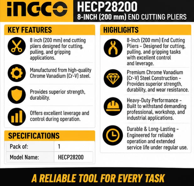 Ingco HECP28200 8 Inch (200 mm) End Cutting Pliers Cr-V Steel Cutting and Gripping Tool 3