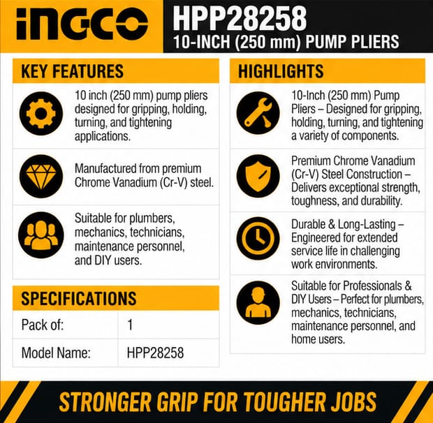 Ingco HPP28258 Pump Pliers 10 Inch (250 mm) Cr-V Steel Gripping Tool for Plumbing Maintenance and Repair 3