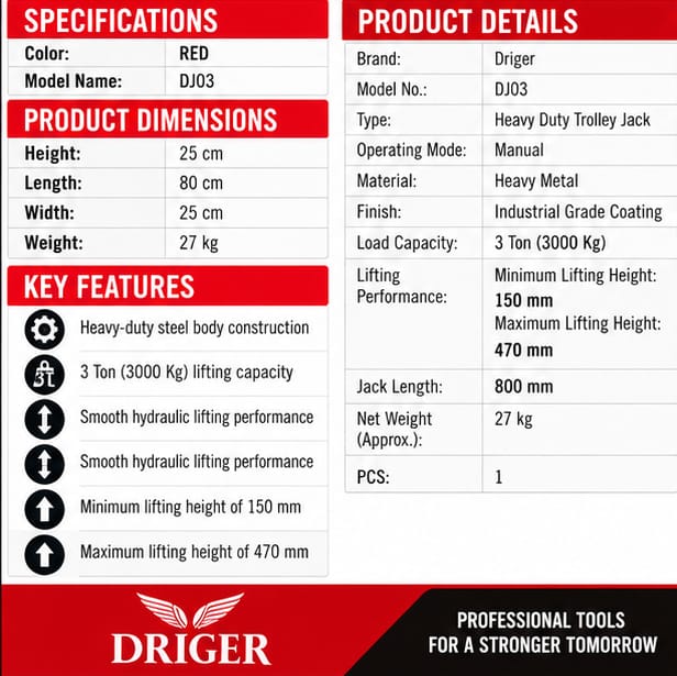 Driger 3 Ton Hydraulic Trolley Jack | Heavy Duty C(DJ03) 3