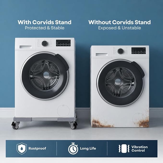 Corvids Adjustable Washing Machine Stand with 19mm Stainless Steel Tube | 2-Year Warranty | Refrigerator, Air Cooler & Dishwasher Trolley, 360° Rotating Lockable Wheels, 100 KG Capacity (Grey) 4