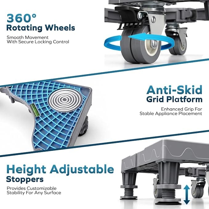 Corvids Adjustable Washing Machine Stand with 19mm Stainless Steel Tube & Anti-Vibration Legs | 2-Year Warranty | Refrigerator Trolley, 360° Rotating Lockable Wheels, 100 KG Capacity (Grey) 3