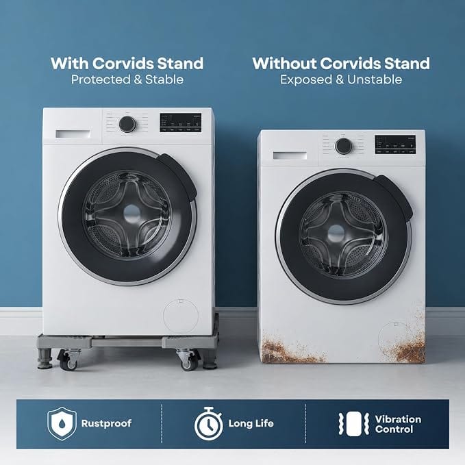 Corvids Adjustable Washing Machine Stand with 19mm Stainless Steel Tube & Anti-Vibration Legs | 2-Year Warranty | Refrigerator Trolley, 360° Rotating Lockable Wheels, 100 KG Capacity (Grey) 4