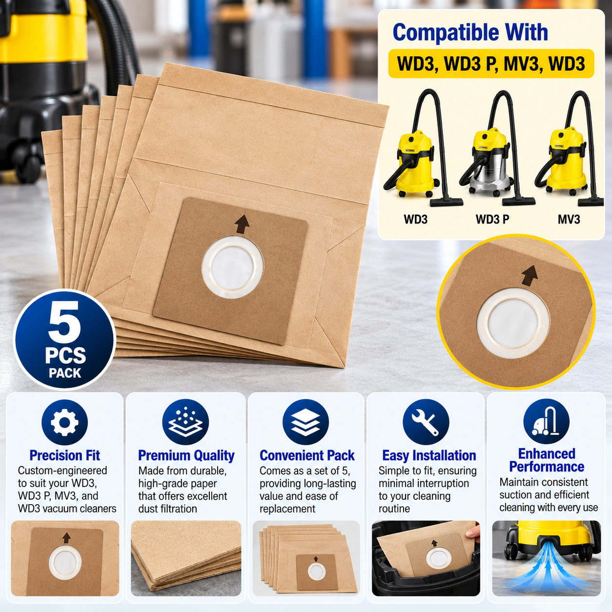 Paper Dust Bags Set of 5 Vacuum Cleaner WD3, WD3 P, MV3 & WD 3 3